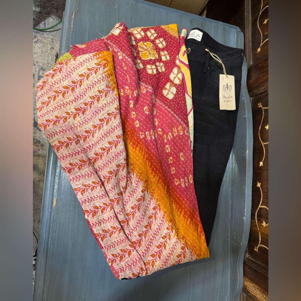 Colorful Patterned Kantha raw edge bell bottoms Black Jeans